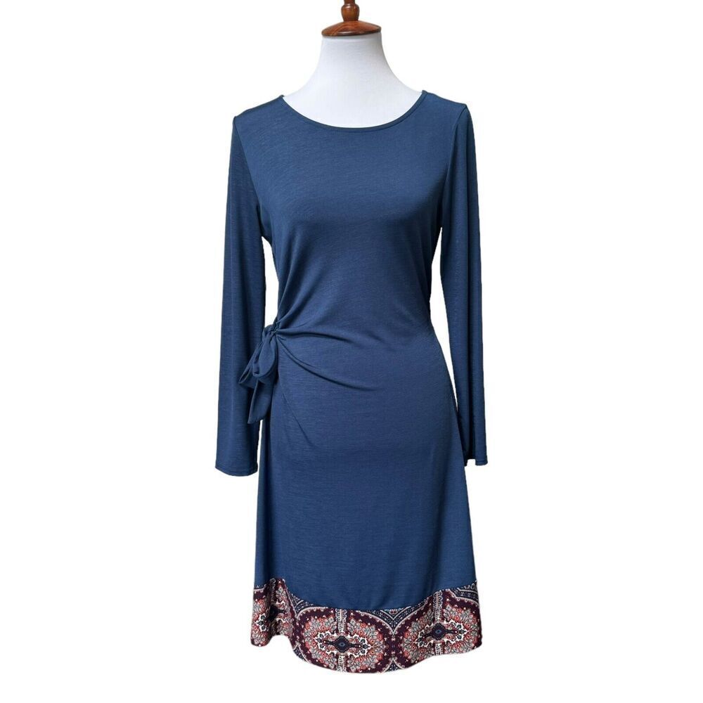 🍀Le Lis Sheath Dress Blue Long Sleeve Side Tie Paisley Trim Pullover Medium